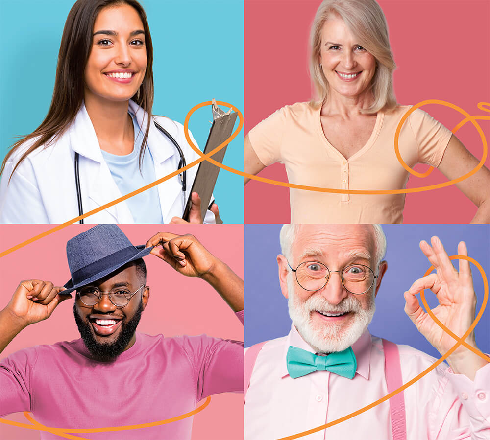 Four people — a doctor, a patient, a young man and an older man — connected by a single orange thread