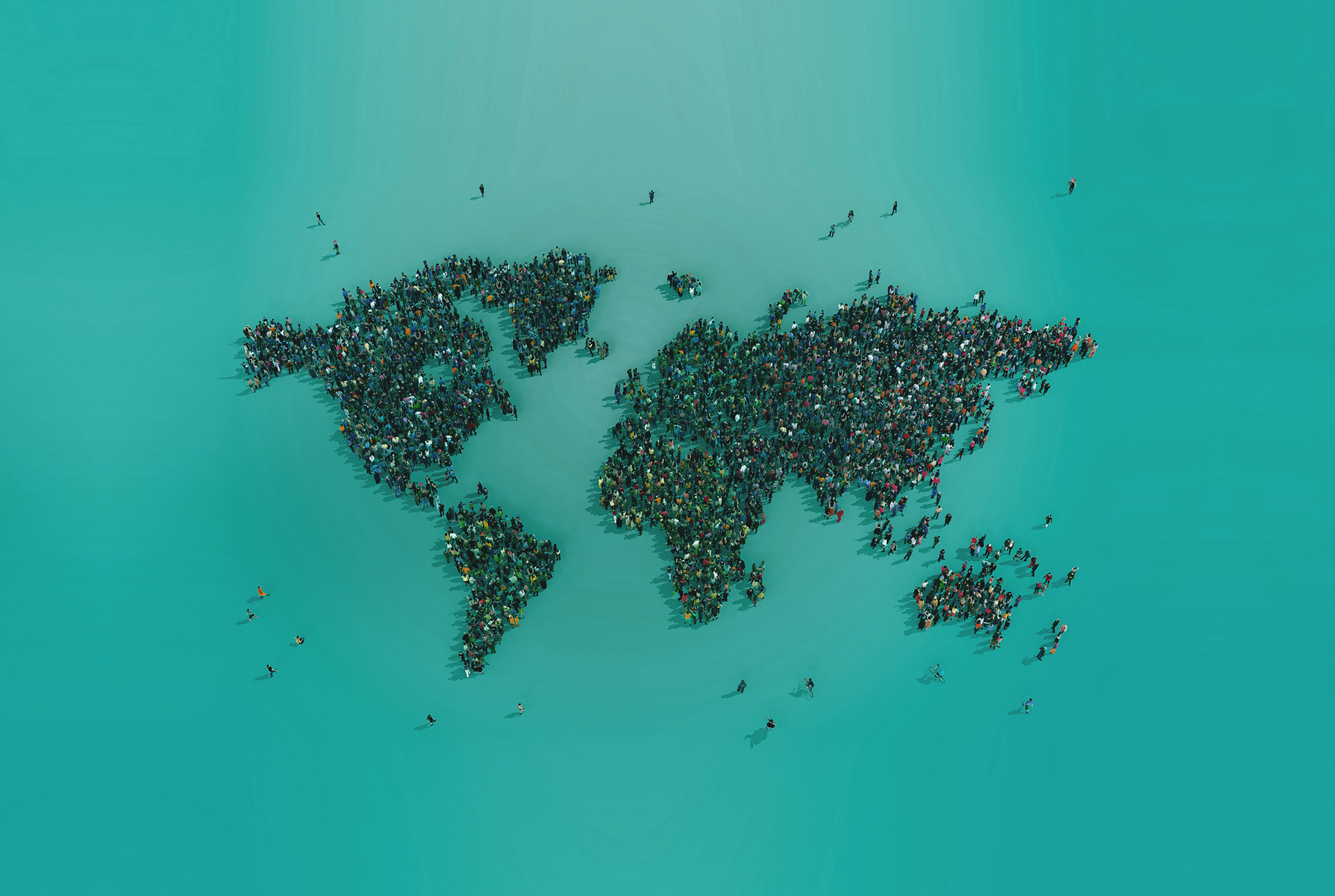 A world map drawn by a crowd of people seen from above